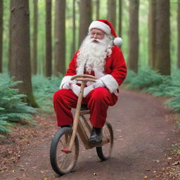 Santa Claus riding a wooden bicycle without pedals in a vibrant forest