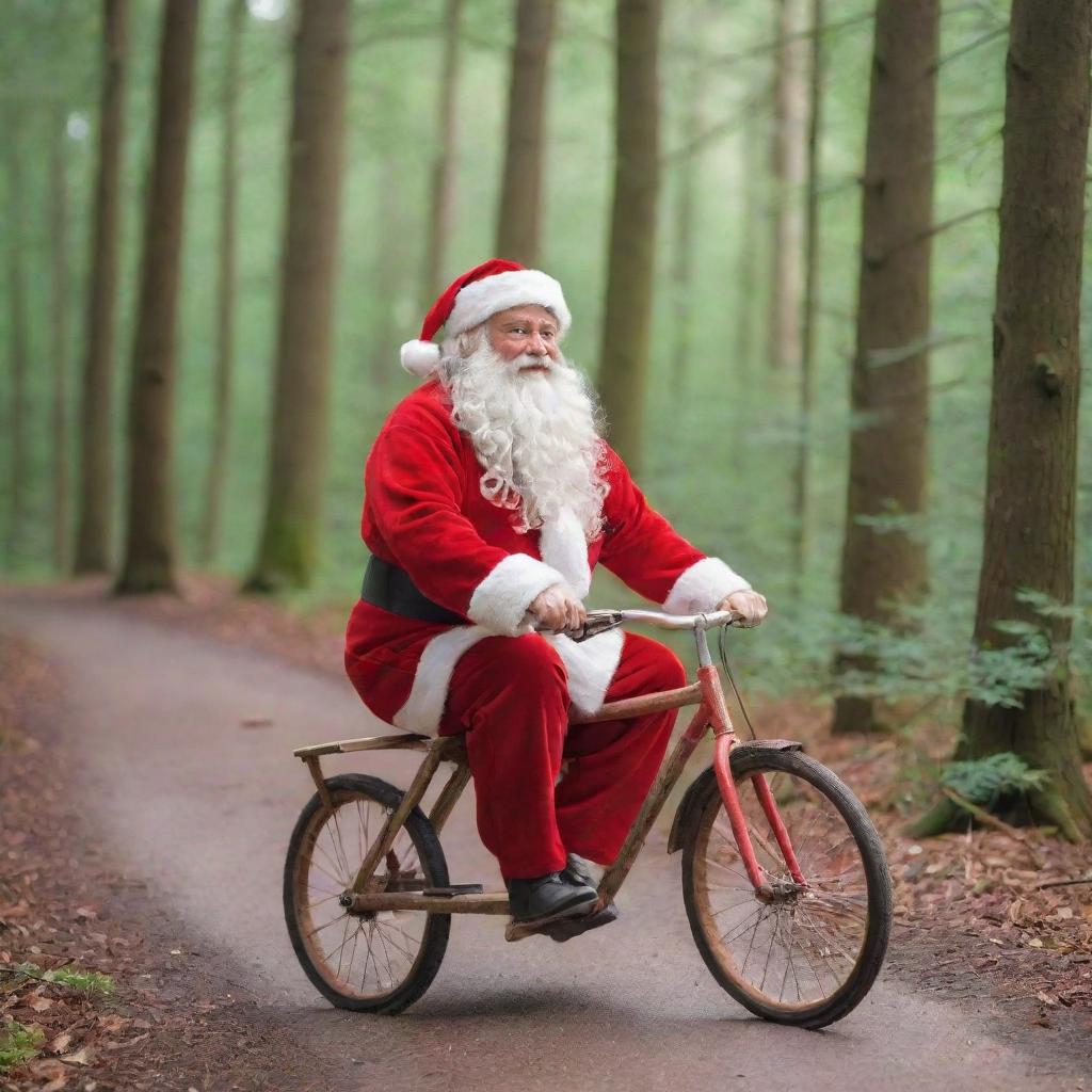 Santa Claus riding a wooden bicycle without pedals in a vibrant forest