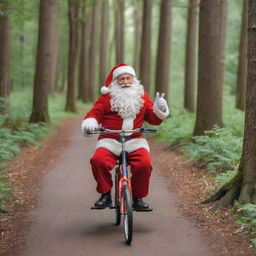 Santa Claus riding a wooden bicycle without pedals in a vibrant forest