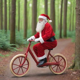 Santa Claus riding a wooden bicycle without pedals in a vibrant forest