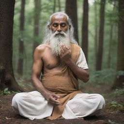 Ancient Indian Rishi Agastya, seated in deep meditation in a serene forest setting. The holy sage, clad in traditional attire, has dark skin and a long, white beard. His eyes are closed in concentration, and a sacred staff lies beside him.