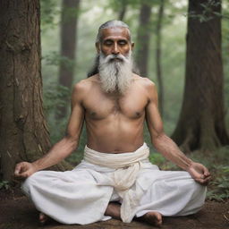 Ancient Indian Rishi Agastya, seated in deep meditation in a serene forest setting. The holy sage, clad in traditional attire, has dark skin and a long, white beard. His eyes are closed in concentration, and a sacred staff lies beside him.