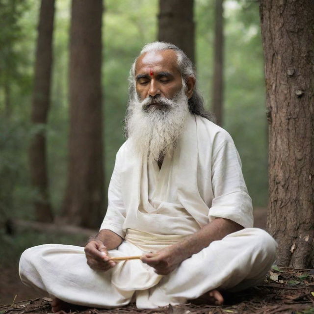 Ancient Indian Rishi Agastya, seated in deep meditation in a serene forest setting. The holy sage, clad in traditional attire, has dark skin and a long, white beard. His eyes are closed in concentration, and a sacred staff lies beside him.