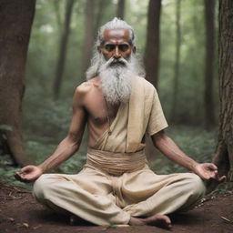 Ancient Indian Rishi Agastya, seated in deep meditation in a serene forest setting. The holy sage, clad in traditional attire, has dark skin and a long, white beard. His eyes are closed in concentration, and a sacred staff lies beside him.