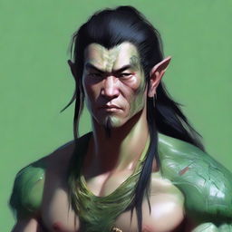 This high-resolution digital art portrays a male Yuan-ti druid with pale skin and green scales adorning his body