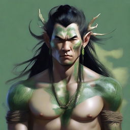 This high-resolution digital art portrays a male Yuan-ti druid with pale skin and green scales adorning his body