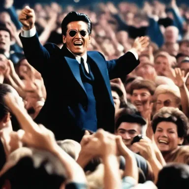 The crowd erupted into exultant applause as the movie's hero finally defeated the villain.