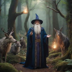 A fantasy wizard in elaborate robes casting a powerful magic spell in a dense enchanted forest with magical creatures watching in awe.