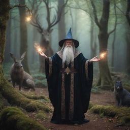 A fantasy wizard in elaborate robes casting a powerful magic spell in a dense enchanted forest with magical creatures watching in awe.