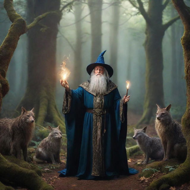 A fantasy wizard in elaborate robes casting a powerful magic spell in a dense enchanted forest with magical creatures watching in awe.