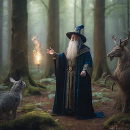 A fantasy wizard in elaborate robes casting a powerful magic spell in a dense enchanted forest with magical creatures watching in awe.