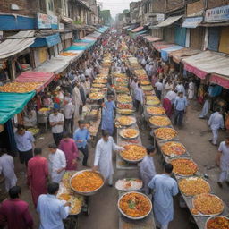 A vibrant and lively image of a bustling Pakistani street food scene, filled with array of delicious and mouth-watering street foods