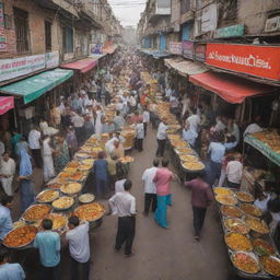 A vibrant and lively image of a bustling Pakistani street food scene, filled with array of delicious and mouth-watering street foods