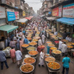 A vibrant and lively image of a bustling Pakistani street food scene, filled with array of delicious and mouth-watering street foods