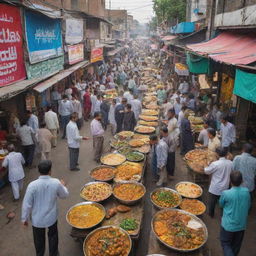 A vibrant and lively image of a bustling Pakistani street food scene, filled with array of delicious and mouth-watering street foods