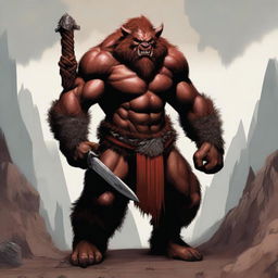 This is a striking, high-quality digital art image of a tall Bugbear barbarian with a regular frame