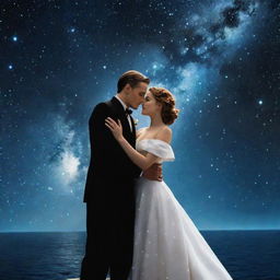 Dramatic recreation of Jack and Rose from Titanic, instead on a futuristic spaceship sinking in the vast cosmos surrounded by distant stars and galaxies