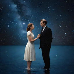 Dramatic recreation of Jack and Rose from Titanic, instead on a futuristic spaceship sinking in the vast cosmos surrounded by distant stars and galaxies