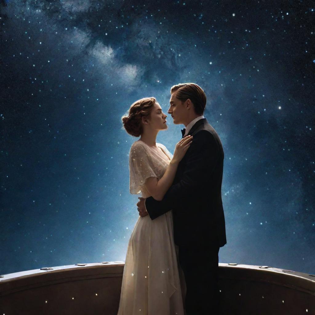 Dramatic recreation of Jack and Rose from Titanic, instead on a futuristic spaceship sinking in the vast cosmos surrounded by distant stars and galaxies