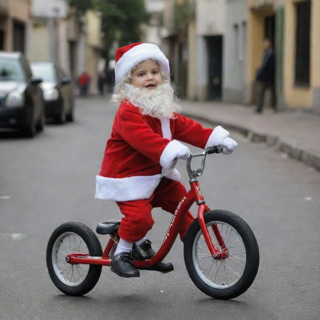 A six-year-old boy dressed as Santa Claus riding a balance bike in Buenos Aires, Argentina.