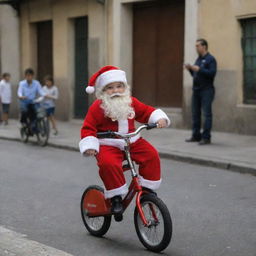 A six-year-old boy dressed as Santa Claus riding a balance bike in Buenos Aires, Argentina.