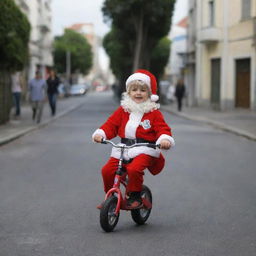 A six-year-old boy dressed as Santa Claus riding a balance bike in Buenos Aires, Argentina.