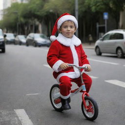 A six-year-old boy dressed as Santa Claus riding a balance bike in Buenos Aires, Argentina.