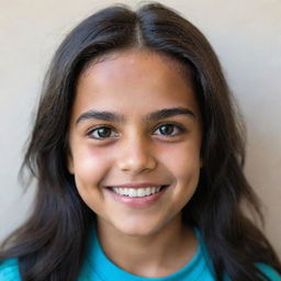 Portrait of a happy girl named Rahaf, with sparkly eyes, long dark hair, and a radiant smile.