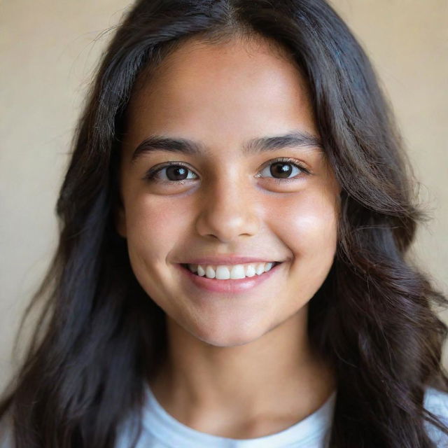 Portrait of a happy girl named Rahaf, with sparkly eyes, long dark hair, and a radiant smile.