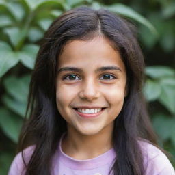 Portrait of a happy girl named Rahaf, with sparkly eyes, long dark hair, and a radiant smile.