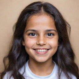 Portrait of a happy girl named Rahaf, with sparkly eyes, long dark hair, and a radiant smile.