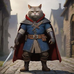 Puss in Boots from Shrek reimagined as the Witcher in a medieval fantasy setting with monster-slaying accessories and an imposing cloak