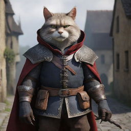 Puss in Boots from Shrek reimagined as the Witcher in a medieval fantasy setting with monster-slaying accessories and an imposing cloak