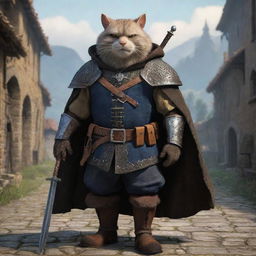 Puss in Boots from Shrek reimagined as the Witcher in a medieval fantasy setting with monster-slaying accessories and an imposing cloak