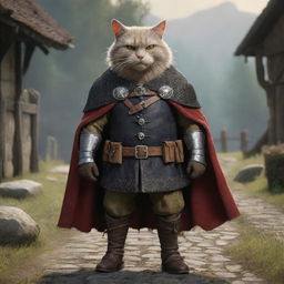 Puss in Boots from Shrek reimagined as the Witcher in a medieval fantasy setting with monster-slaying accessories and an imposing cloak