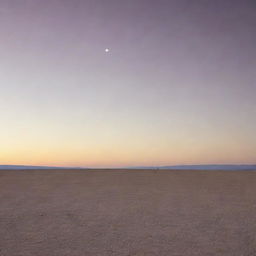 A solitary figure standing in a vast, empty landscape, under a cloudless sky at sunset.