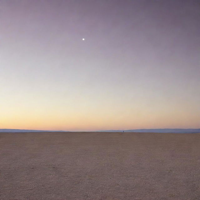 A solitary figure standing in a vast, empty landscape, under a cloudless sky at sunset.