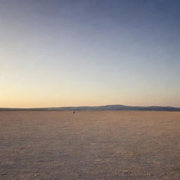 A solitary figure standing in a vast, empty landscape, under a cloudless sky at sunset.