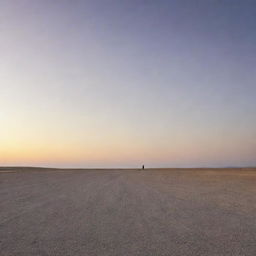 A solitary figure standing in a vast, empty landscape, under a cloudless sky at sunset.