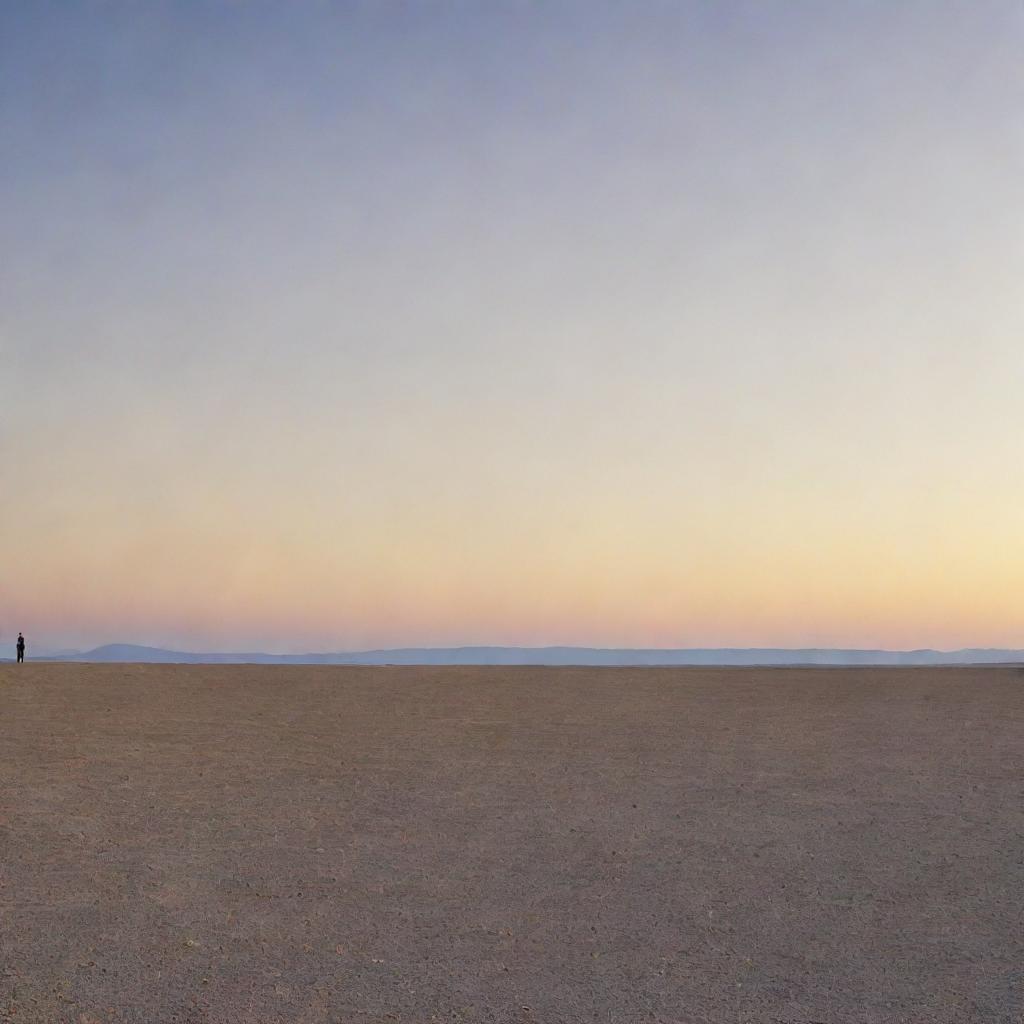 A solitary figure standing in a vast, empty landscape, under a cloudless sky at sunset.