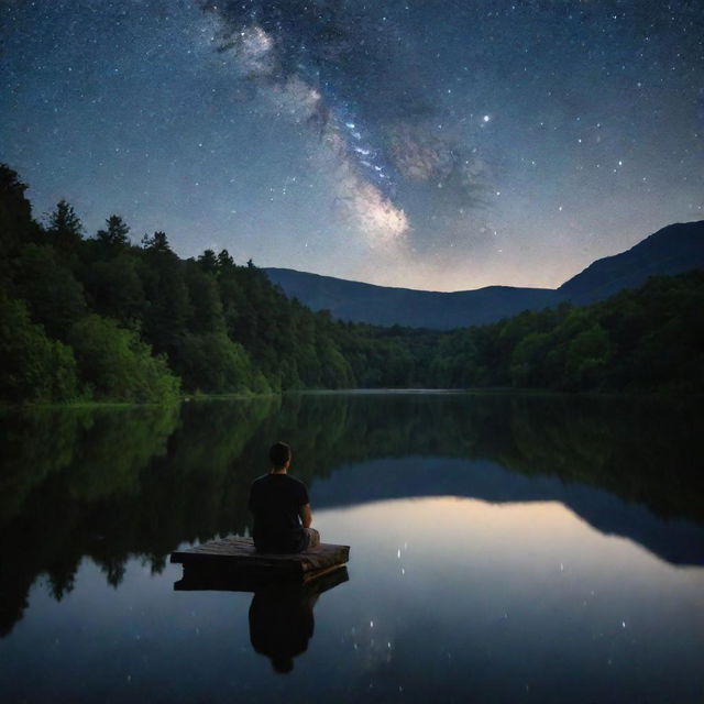 A solitary lover, engulfed in deep thought, sitting by a serene lake under the starlit sky.