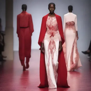 The designer showcased a collection inspired by the concept of consanguinity, using patterns and textures reminiscent of blood flowing through veins.