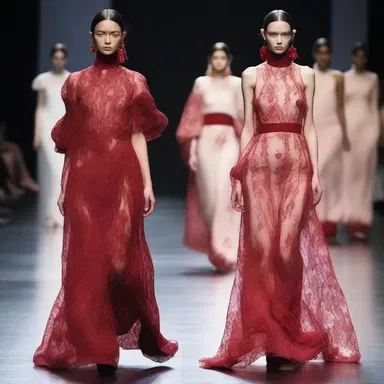 The designer showcased a collection inspired by the concept of consanguinity, using patterns and textures reminiscent of blood flowing through veins.