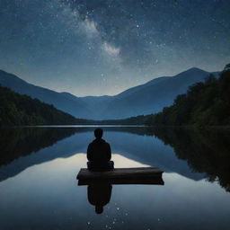 A solitary lover, engulfed in deep thought, sitting by a serene lake under the starlit sky.