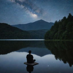 A solitary lover, engulfed in deep thought, sitting by a serene lake under the starlit sky.