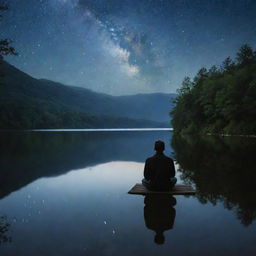 A solitary lover, engulfed in deep thought, sitting by a serene lake under the starlit sky.