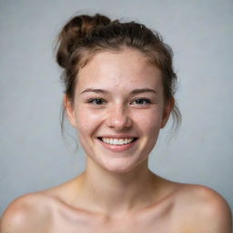 A portrait of a young girl confidently showing her acne. She is radiating positivity and strength, with her head held high, smiling delicately.