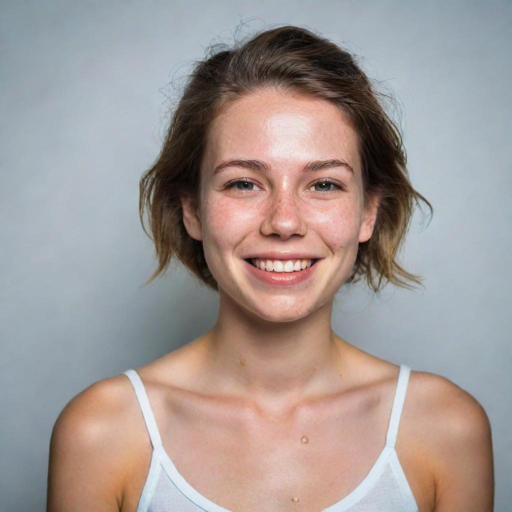 A portrait of a young girl confidently showing her acne. She is radiating positivity and strength, with her head held high, smiling delicately.