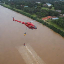 A rescue helicopter hovering above floodwaters, deploying an aid package