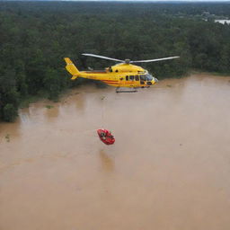 A rescue helicopter hovering above floodwaters, deploying an aid package